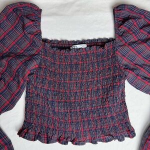Zara Plaid Smocked Puff Sleeve Top Medium